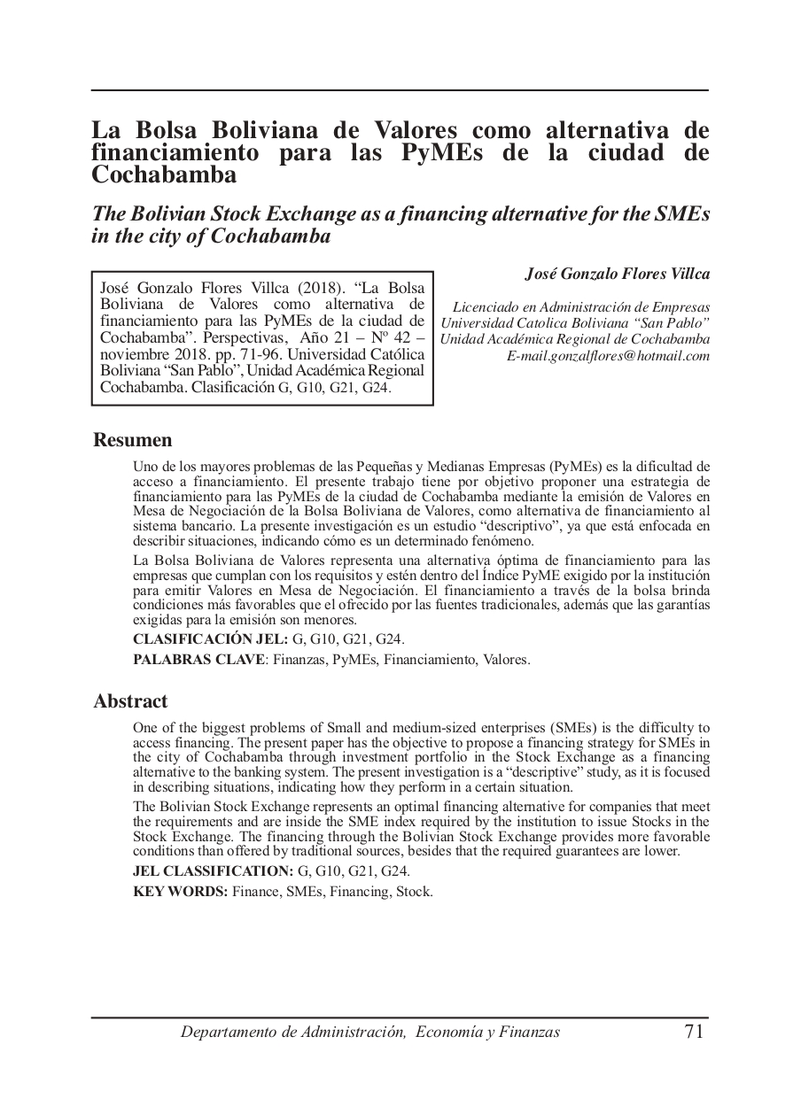 The Bolivian Stock Exchange as a financing alternative for the SMEs in the city of Cochabamba
