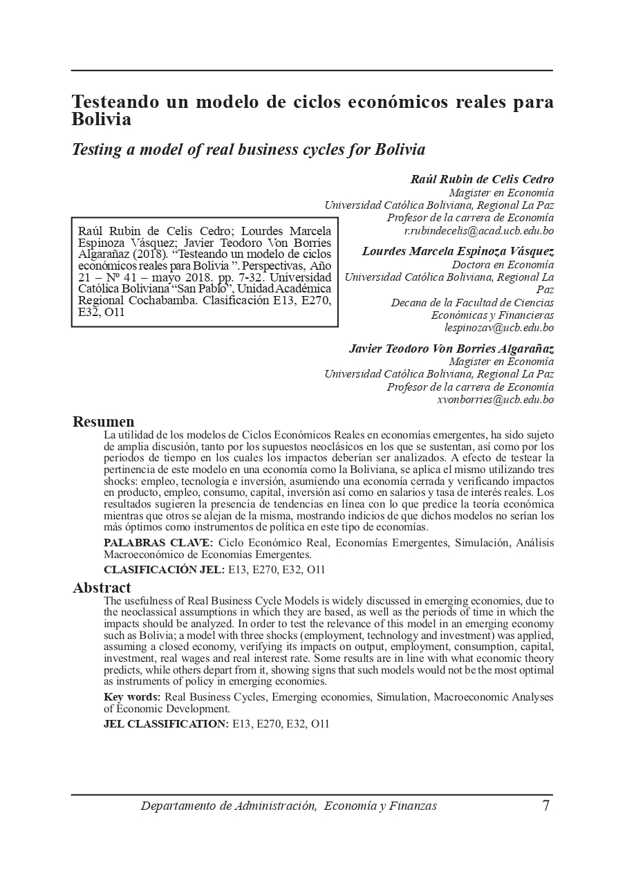 Testing a model of real business cycles for Bolivia