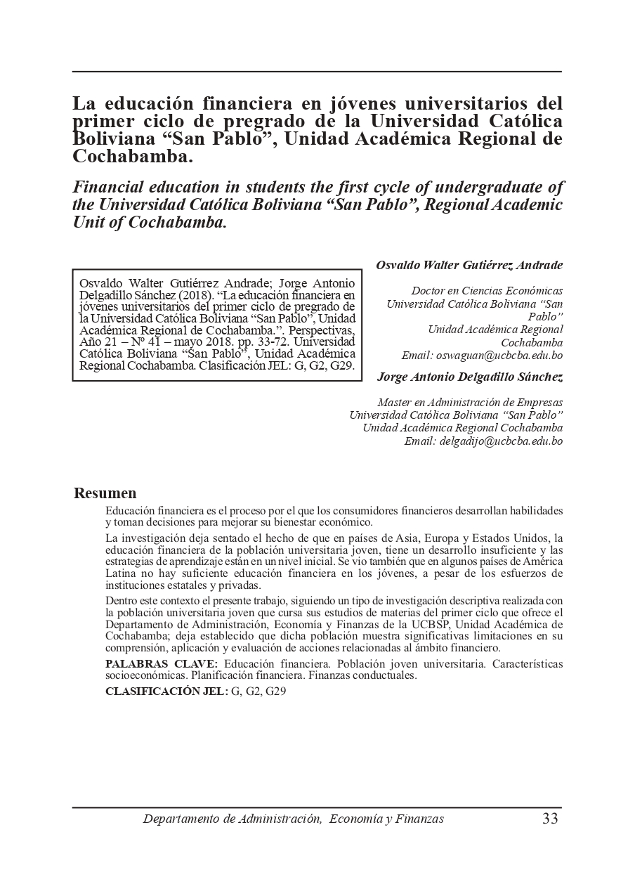 Financial education in students the first cycle of undergraduate of the Universidad Católica Boliviana “San Pablo”, Regional Academic Unit of Cochabamba.