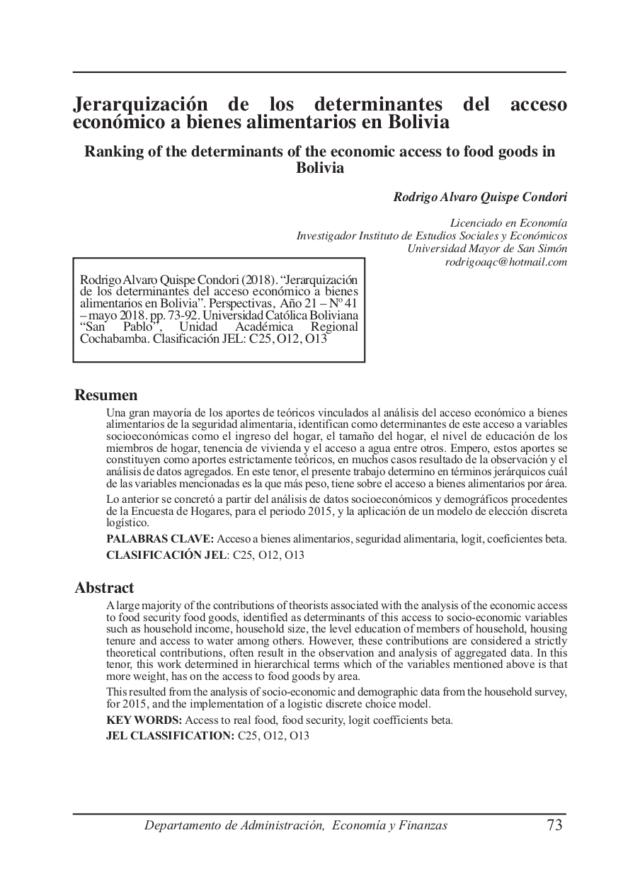 Ranking of the determinants of the economic access to food goods in Bolivia