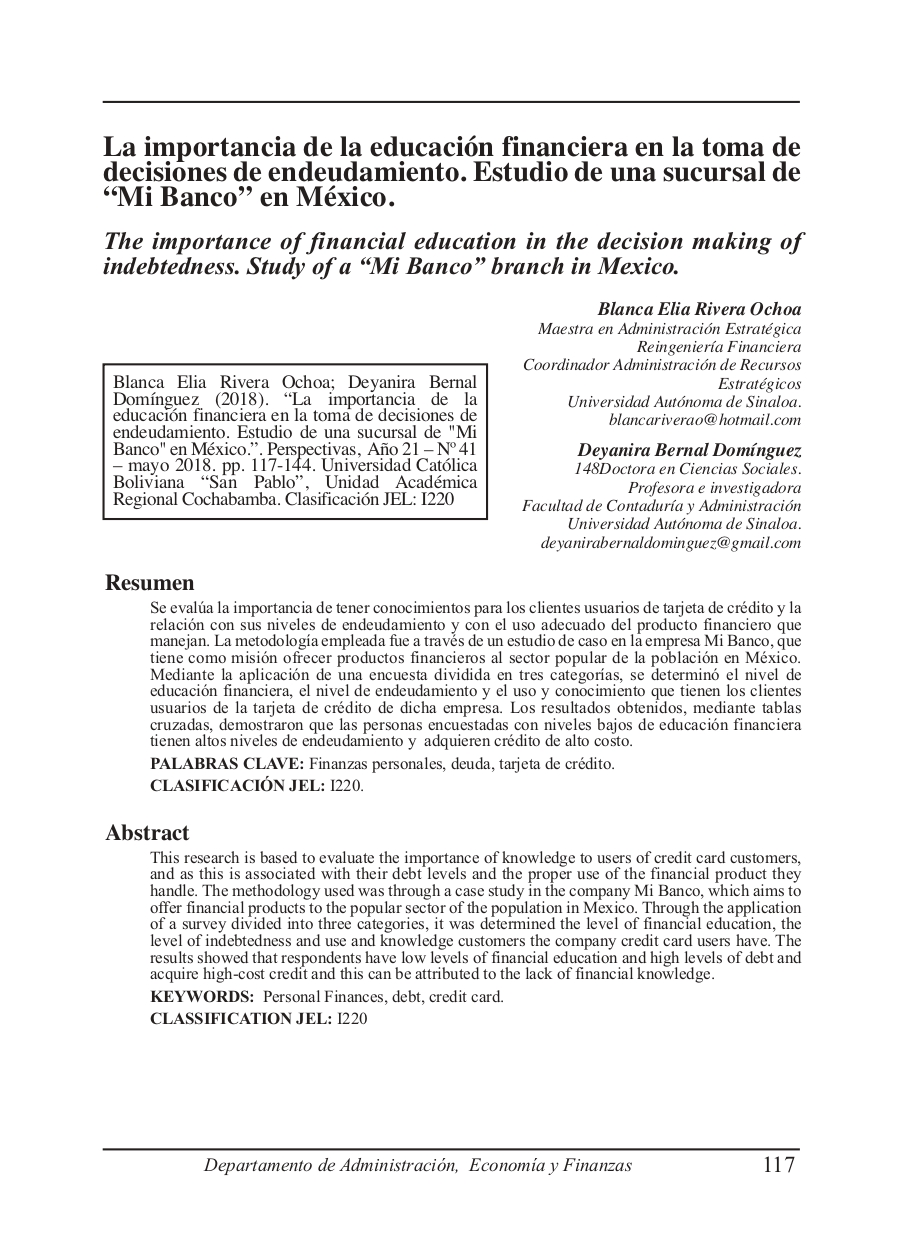 The importance of financial education in the decision making of indebtedness. Study of a “Mi Banco” branch in Mexico.