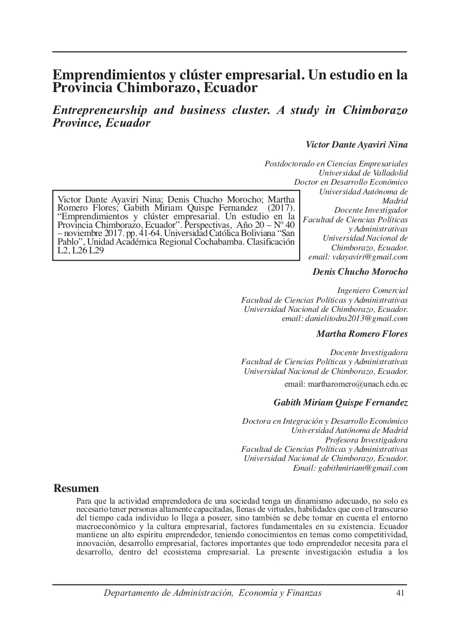 Entrepreneurship and business cluster. A study in Chimborazo Province, Ecuador