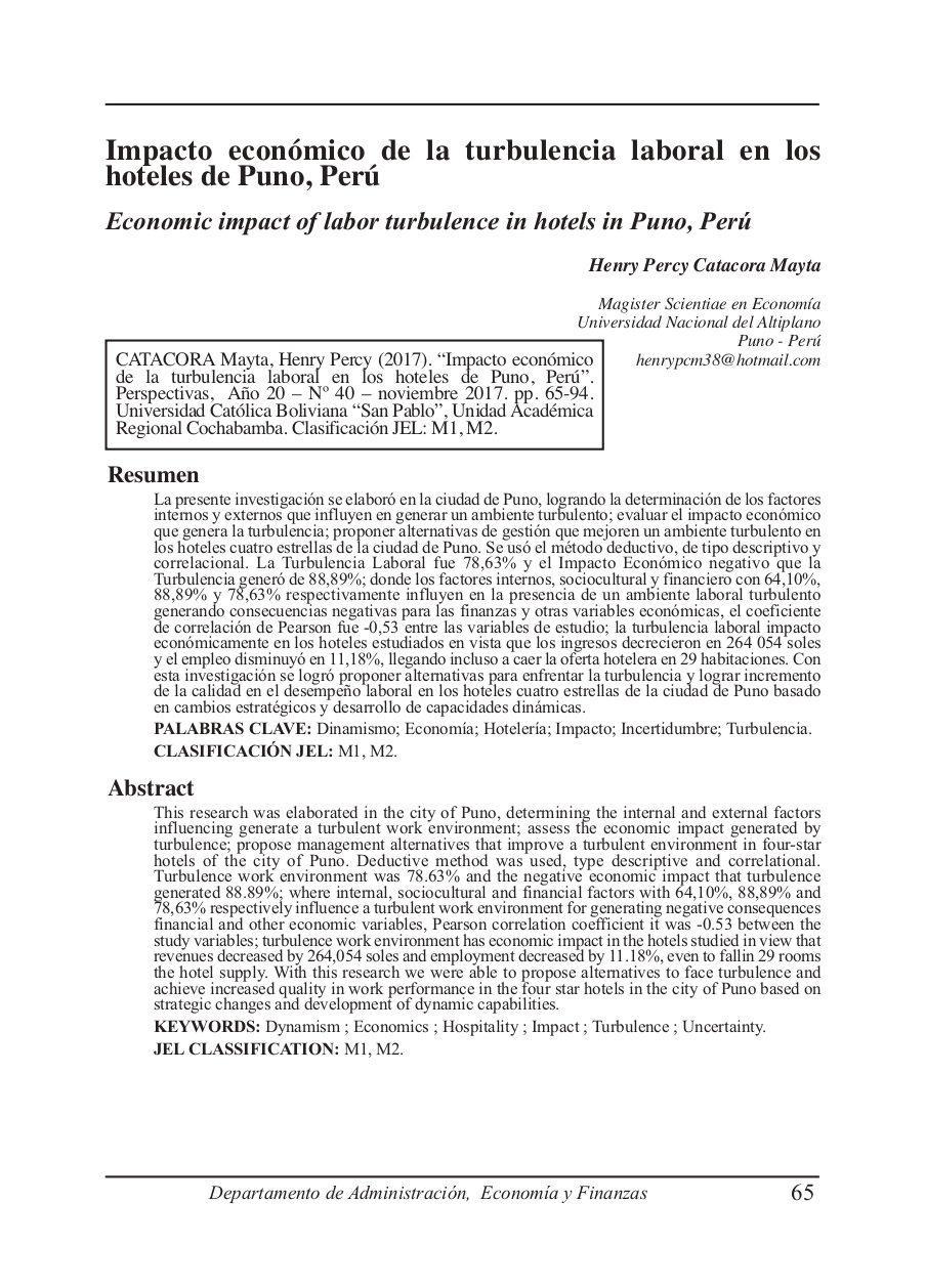 Economic impact of labor turbulence in hotels in Puno, Perú