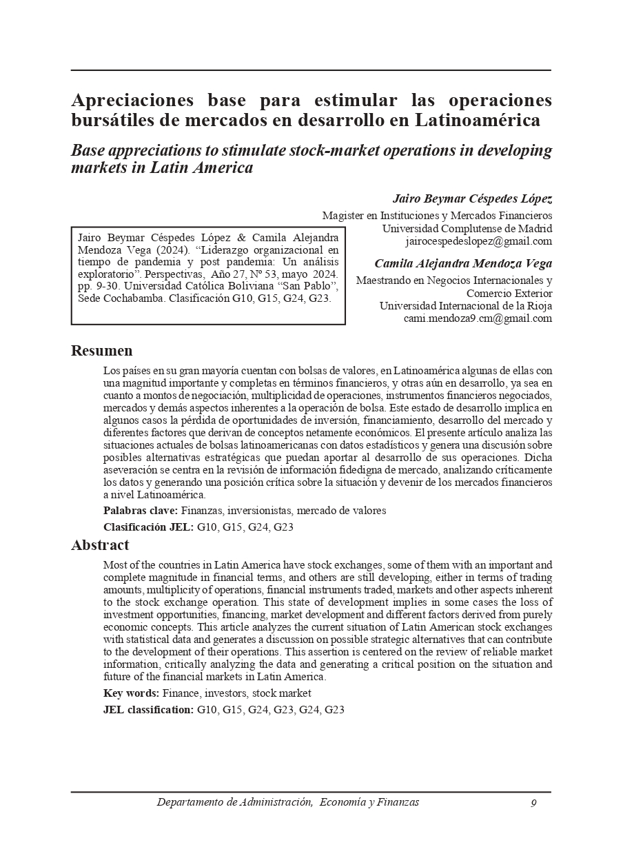 Base appreciations to stimulate stock­ market operations in developing markets in Latin America